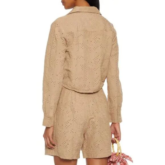 SOLID & STRIPED The Harlow Cropped Broderie Anglaise Linen-Blend Tan Shirt S - Picture 3 of 9